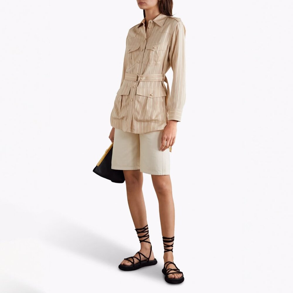 KHAITE Lia Belted Striped Jacquard Shirt Beige Tan Size XS NEW NWT w flaws